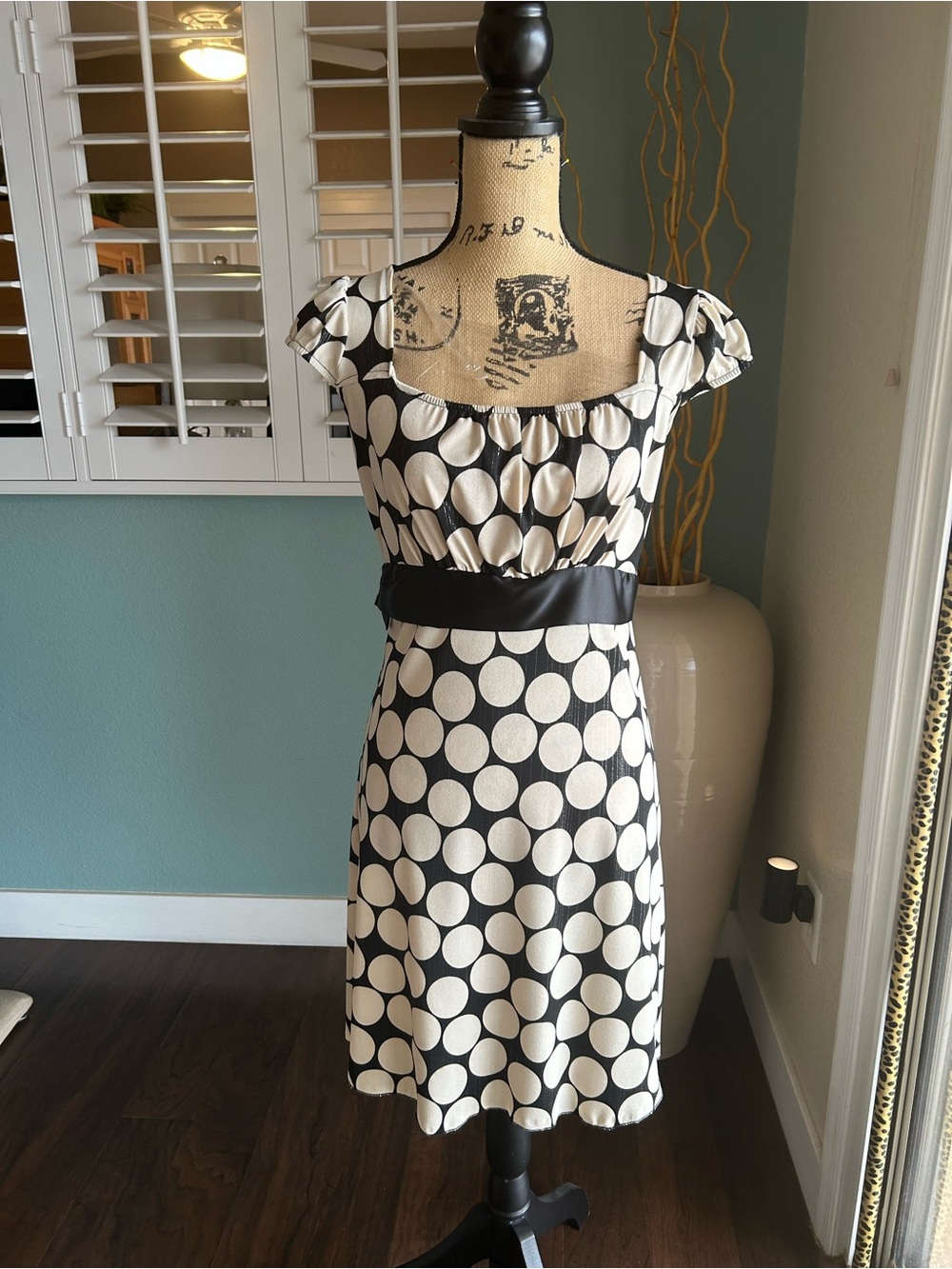 Black and White Polka Dot Midi Dress with Waistband